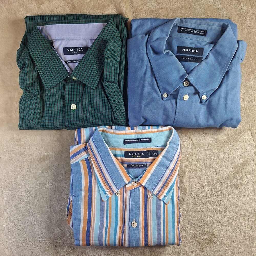 Nautica Shirt Mens 2XL XXL Lot 3 Striped Classic Slim Fit Oxford Casual Button